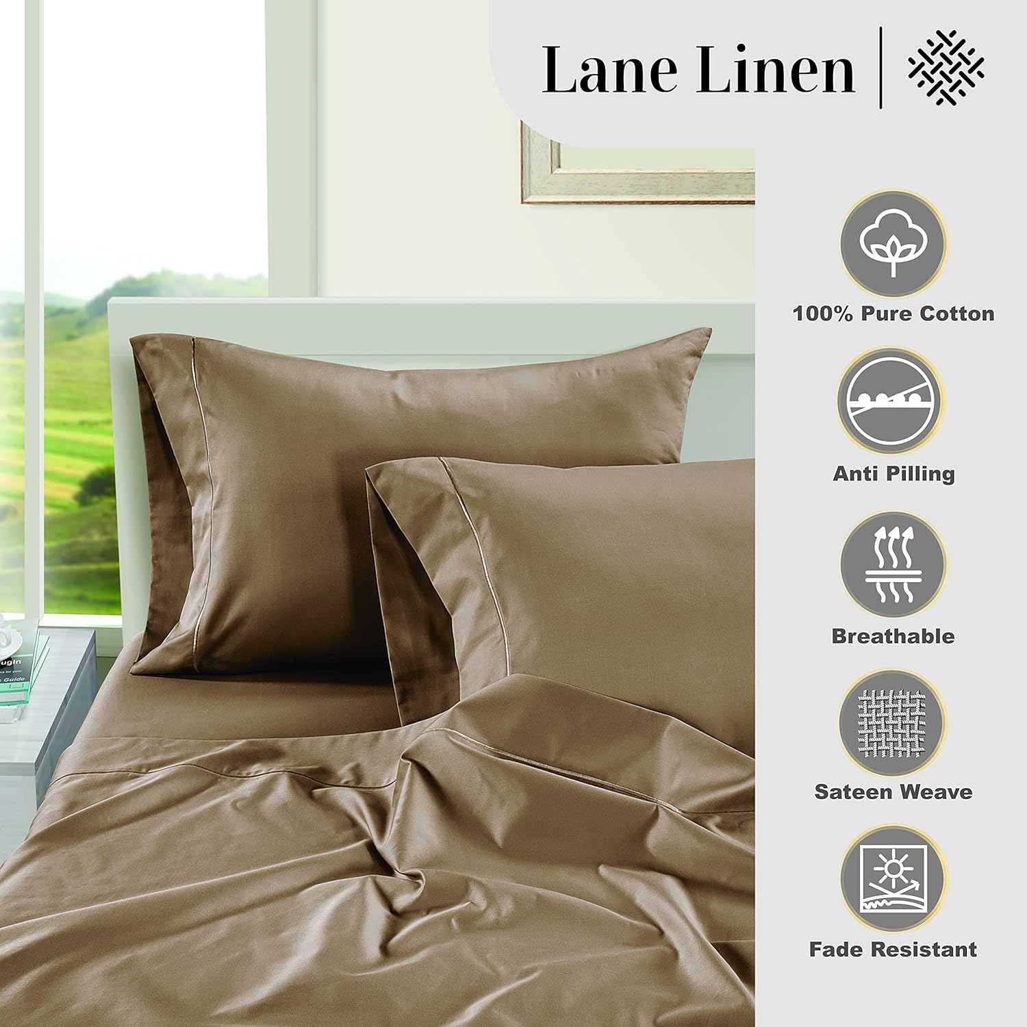 LANE LINEN Pillow Case Covers King Set of 2 100% Egyptian Cotton Sateen Soft Cool & Smooth 1000 Thread Count Cases - Taupe