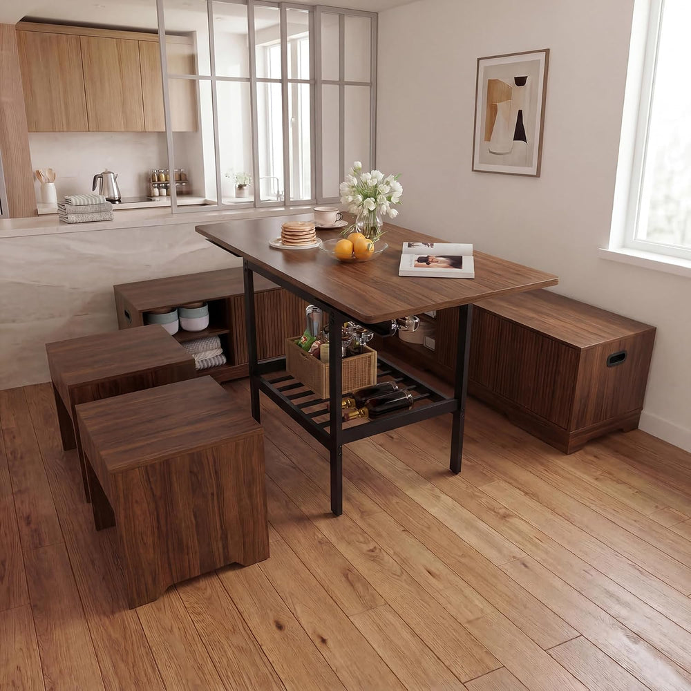 Extendable Breakfast Nook Table Set with Storage Benches & Stools, 6-Piec...