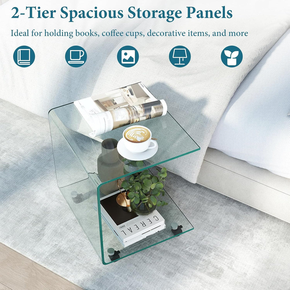 Tangkula Tempered Glass Side Table, Modern C-Shaped Bedside Table Nightstand ...
