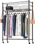 BATHWA Rolling Garment Rack with Adjustable Wire Shelf, 3 Tired Clothes Rack including 1 Clothes Hanging Bar, 1 Roating Hanger Hooks - Hold Up to 400Lbs (Black, 1Rod 1Hook)