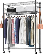 BATHWA Rolling Garment Rack with Adjustable Wire Shelf, 3 Tired Clothes Rack including 1 Clothes Hanging Bar, 1 Roating Hanger Hooks - Hold Up to 400Lbs (Black, 1Rod 1Hook)