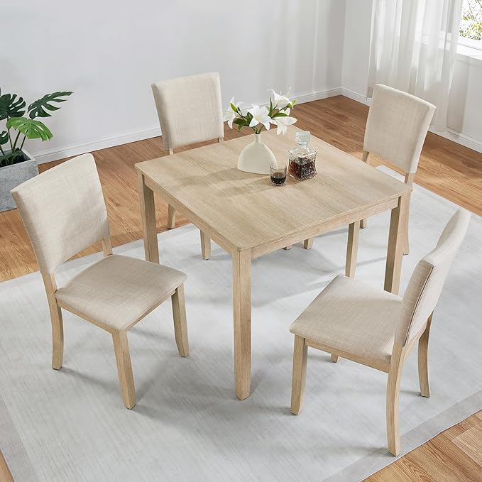 KEIKI 5-Piece Standard Height Dining Table Set with Square Table, 4 Upholstered Curved Backrest Chair, for 4 Person, Modern Style Table Set, Easy Assembly, for Kitchen, Dining Room, Light Oak+Beige