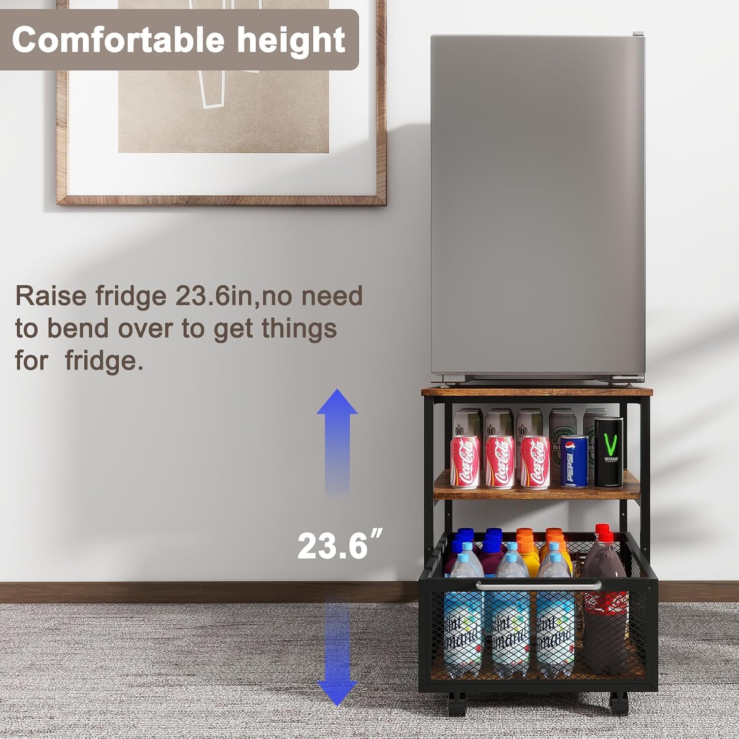 PUNCIA 19.7"x19.7" Mini Fridge Stand 3-Tier Beverage Fridge Table, Retro | 220 LB Capacity Beverage Refrigerator Table, Heavy Duty Rolling Organizer with Drawers for Dorm Apartment Office Bedroom