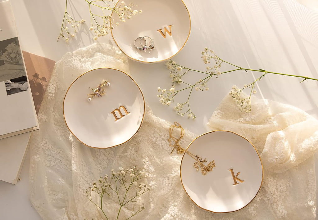 COLLECTIVE HOME - Ceramic Jewelry Tray, Decorative Trinket Dish for Rings Earrings Necklaces Bracelet Watch Keys, Birthday Mother's Day Christmas Gift for Women, 4.75", Glossy (j)