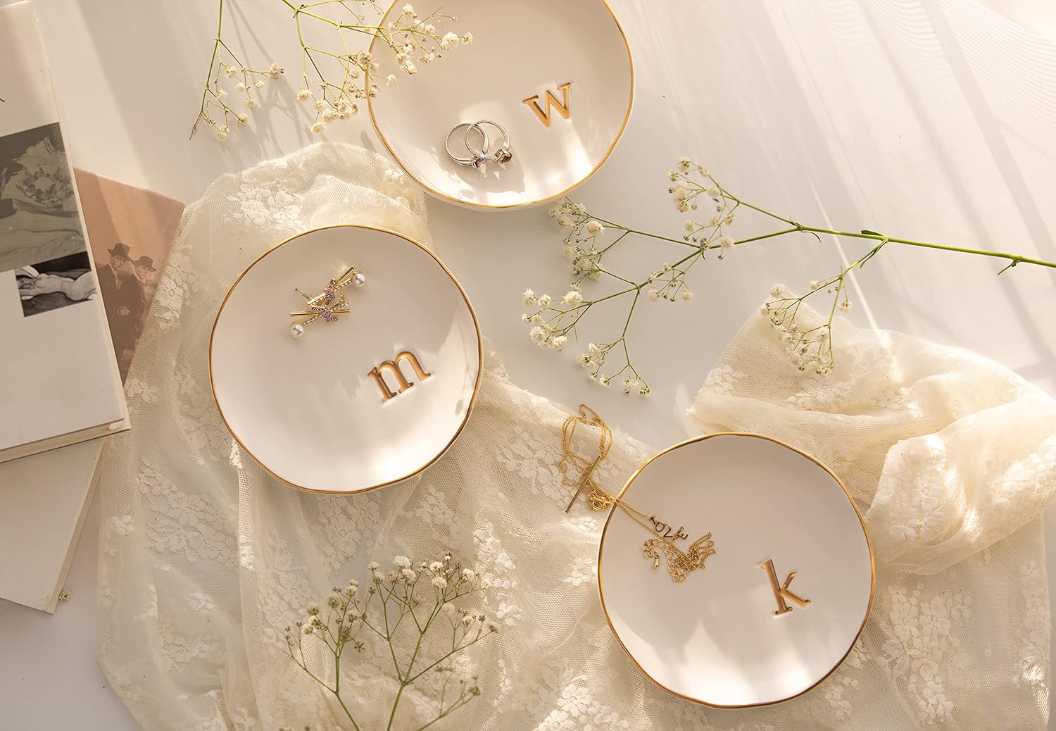 COLLECTIVE HOME - Ceramic Jewelry Tray, Decorative Trinket Dish for Rings Earrings Necklaces Bracelet Watch Keys, Birthday Mother's Day Christmas Gift for Women, 4.75", Glossy (j)