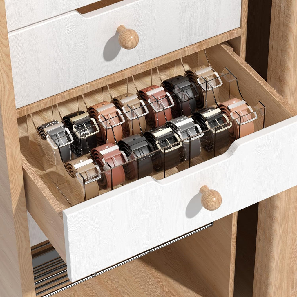 Large Acrylic Belt Organizer, Clear 14 Compartments Storage with Dust Cover, Display Holder for Home
