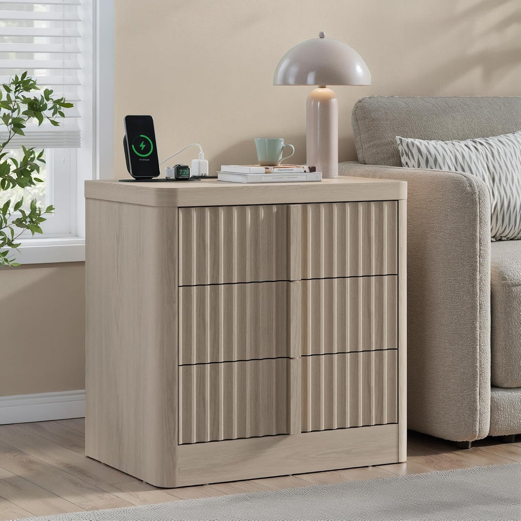 Fluted Nightstand Set of 2 with Charging Station, 23.6" Wood End Table with Solid Wood Handle, Mid Century Moden Bedside Table 3 Drawer Dresser for Bedroom, Living Room, White Alder