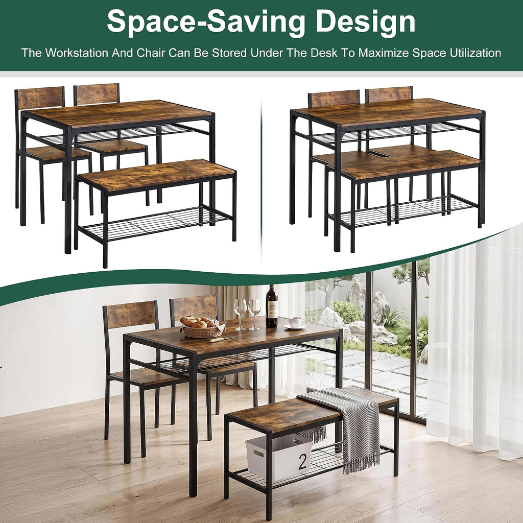 VECELO Kitchen Dining Room Table with 2 Chairs & Bench, Compact Space-Saving Design, Easy Assembly Steel Frame, Perfect for Small Apartments & Breakfast Nooks，Dark Brown