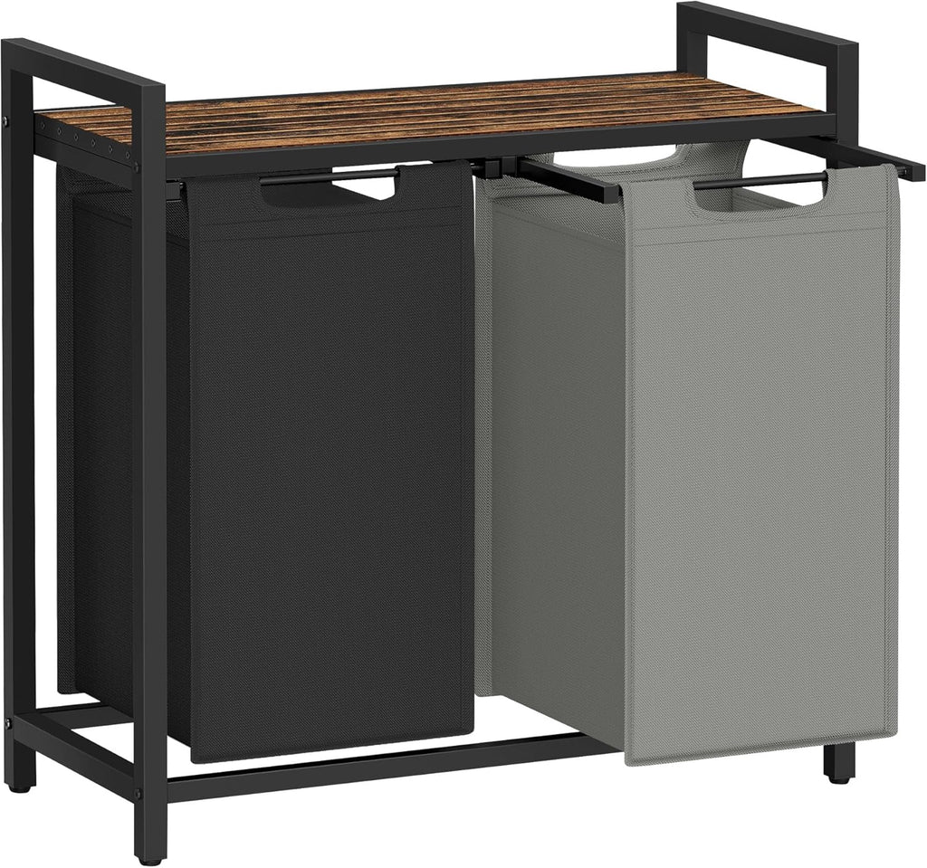 VASAGLE Laundry Hamper, Laundry Basket, Laundry Sorter with 2 Pull-Out and Removable Bags, Shelf, Metal Frame, 2 x 12.1 Gallons (46 L), 28.8 x 13 x 28.4 Inches, Bicolor and Rustic Brown UBLH201X01