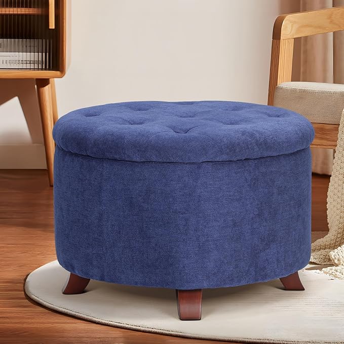 Athena Collection 24.5 Inch Small Ottoman with Storage, Round Linen Fabric Storage Ottoman Foot Rest with Removable Lid, Multipurpose Footstool Footrest for Livingroom, Bedroom, Dorm, Blue