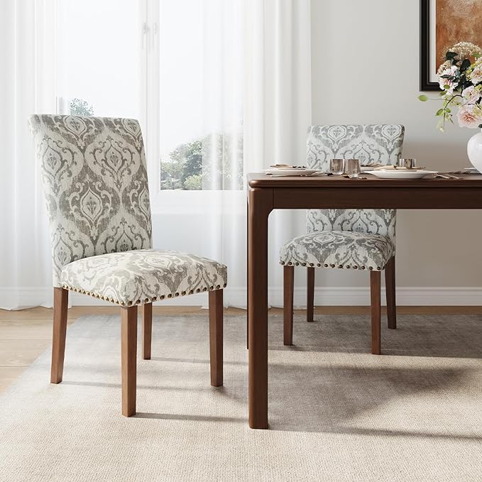 Stylish Dining Chairs Set of 2, Upholstered Parsons Dining Room Chair with Nailhead Trim, Kitchen Room Chair with Thick Cushions and Wood Legs, Nailhead Trim, SKY2050A-01