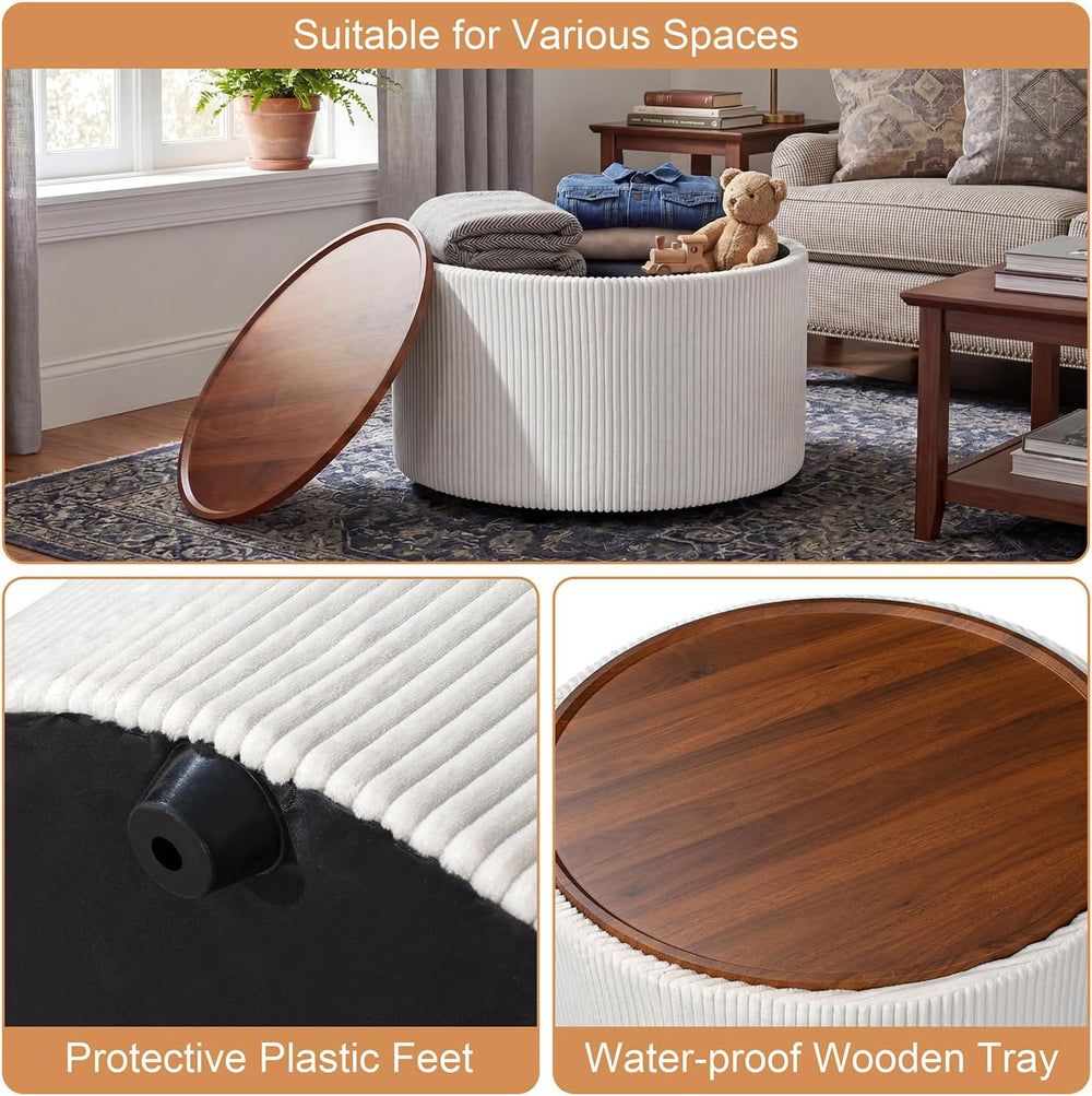 28” Round Storage Ottoman, Ottoman Coffee Table with Tray, Corduroy | Modern ...