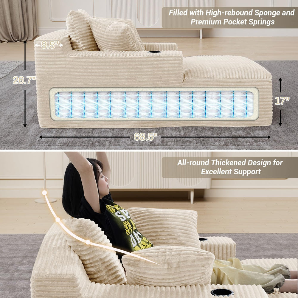 50" x 68" Corduroy Chaise Lounge, Cup Holders, Beige | Oversized co...