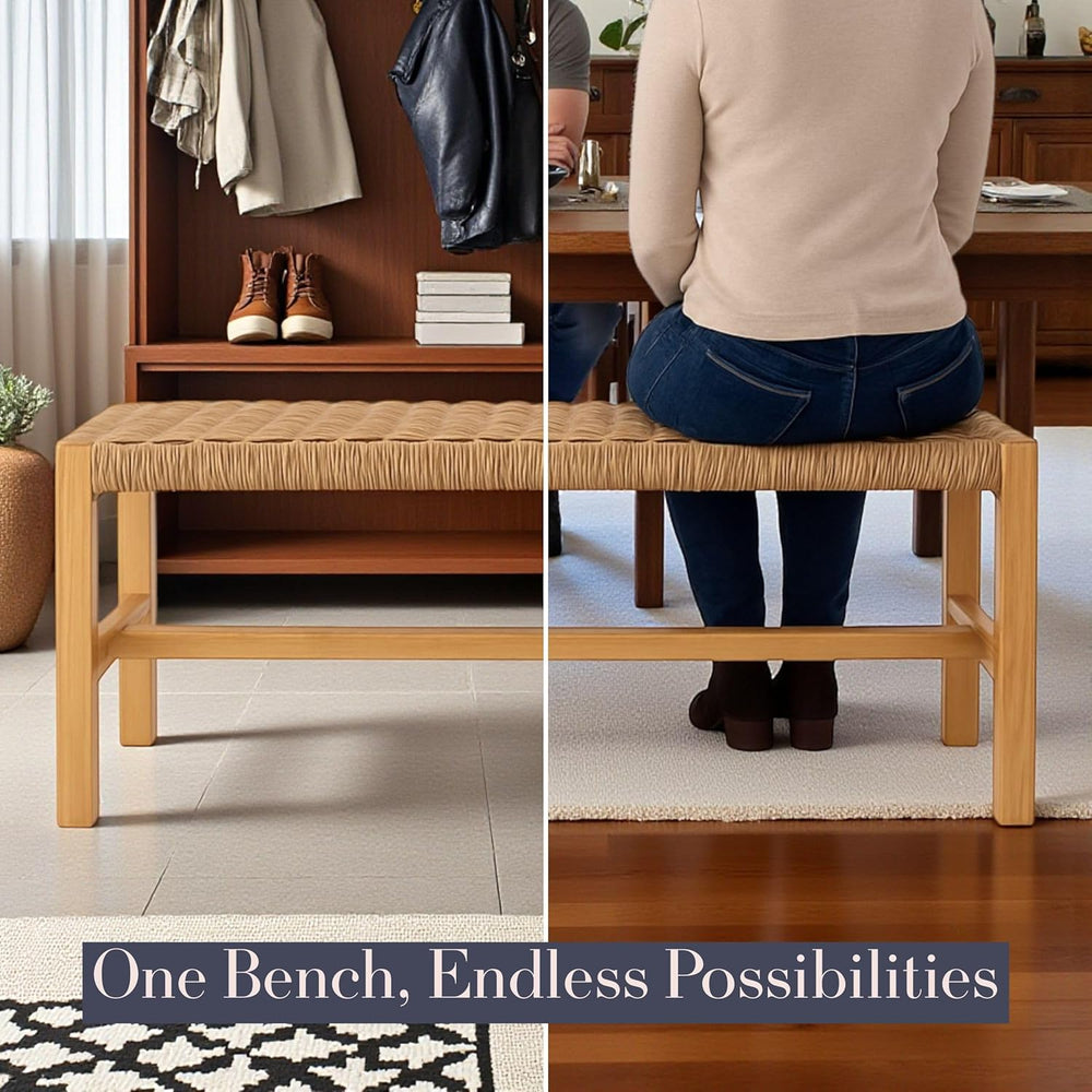 Alaterre Newport Solid Wood Entryway Bench with Woven Rope Seat, Light | 40” ...