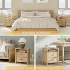 Night Stand with Charging Station, 20" Large Modern Side Table with Solid Round Post Legs, 2 Drawers End Table with Open Shelf, Nightstand with Storage for Bedroom, Natural Oak