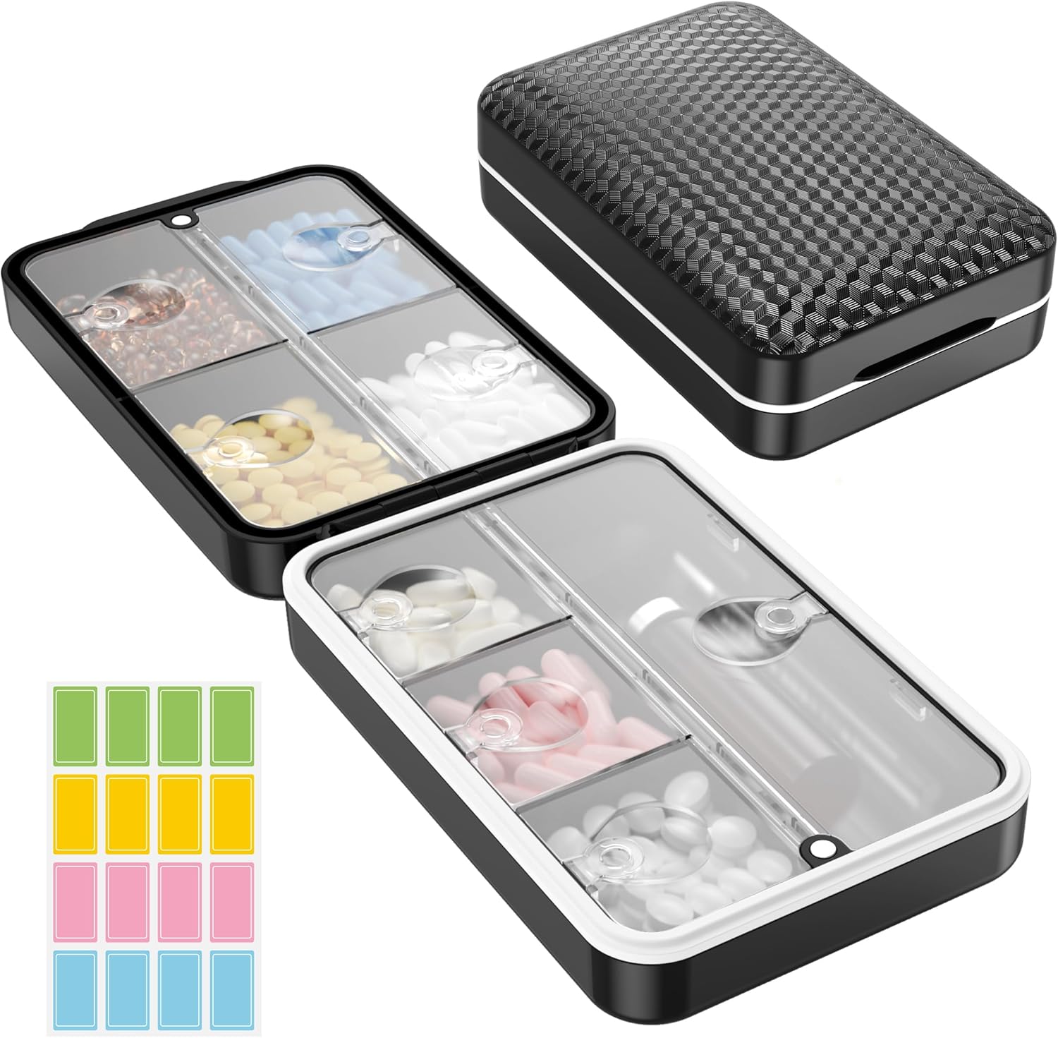 Restree Weekly Pill Organizer, Magnetic Moisture Proof Pill Case, Large Capacity Travel Pill Box with Inner Clear Lid for Vitamins, Supplements, and Daily Medications 8 Compartment (Black)
