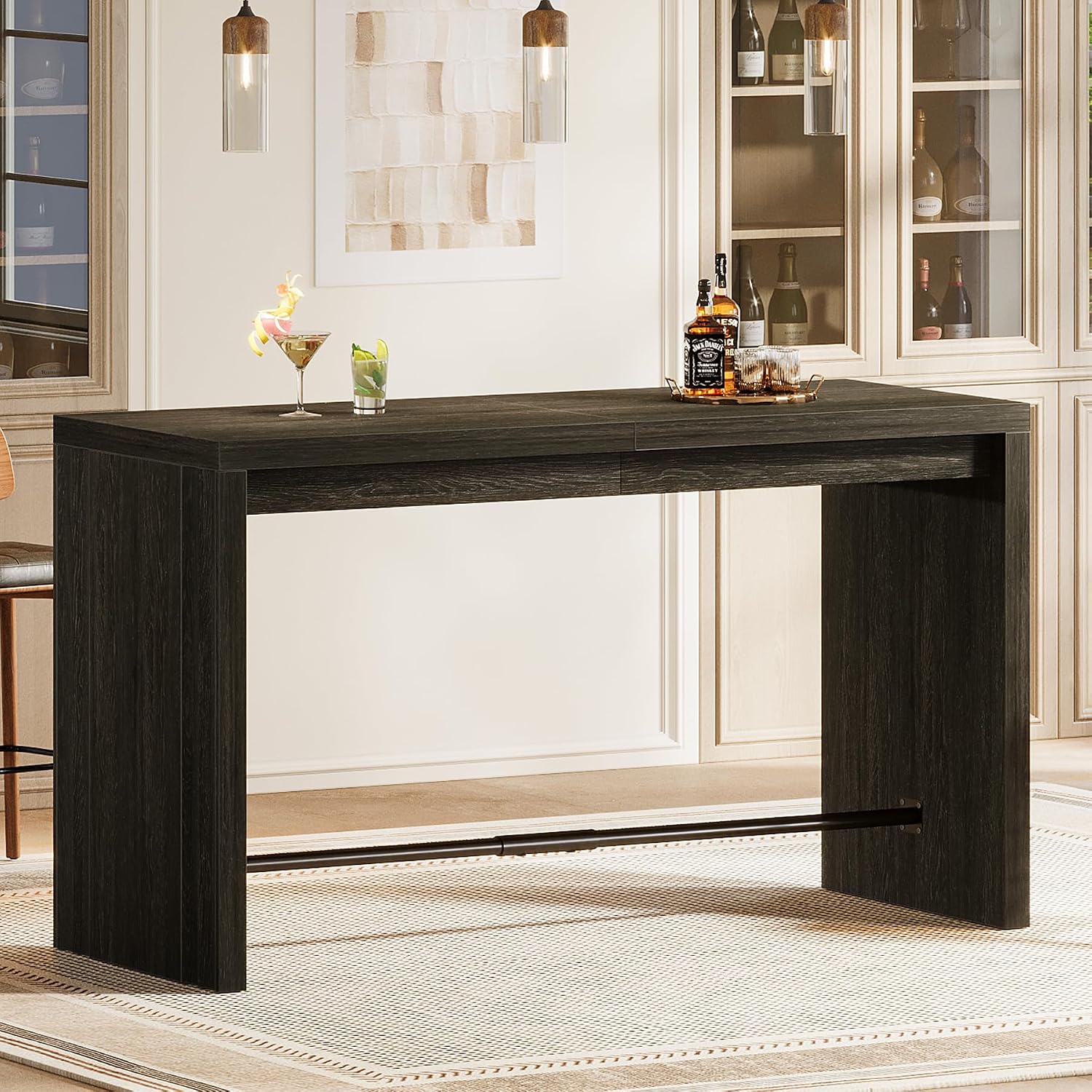 Tribesigns Kitchen Island, 63-Inch Modern Stationary Island Bar Table with Metal Footrest, Rectangular Home Bar Unit for Kitchen, Dining Room, Living Room, Pub, Bistro, Black