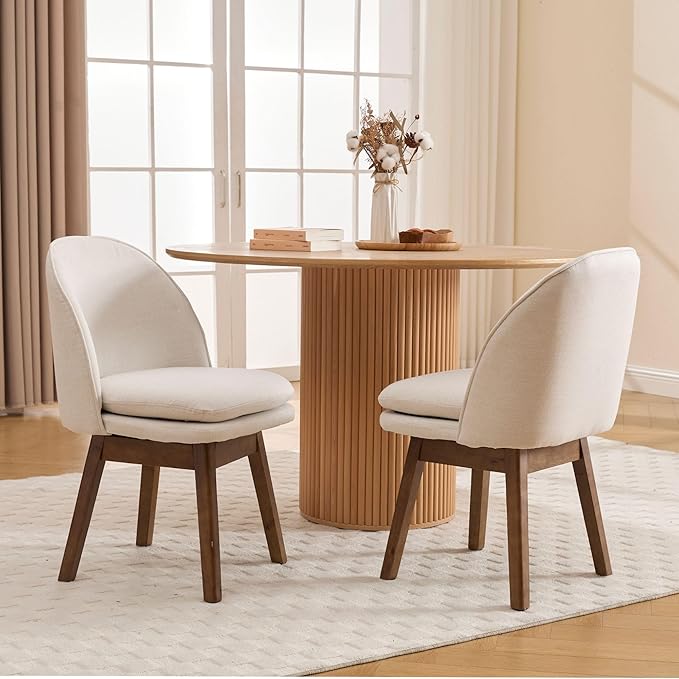Upholstered Dining Chairs Set of 2, Modern Linen Fabric Dining Room Chairs with Solid Wood Legs & Double-Padded Seat, Swivel Accent Desk Chair for Kitchen Dining Room Restaurant - Beige