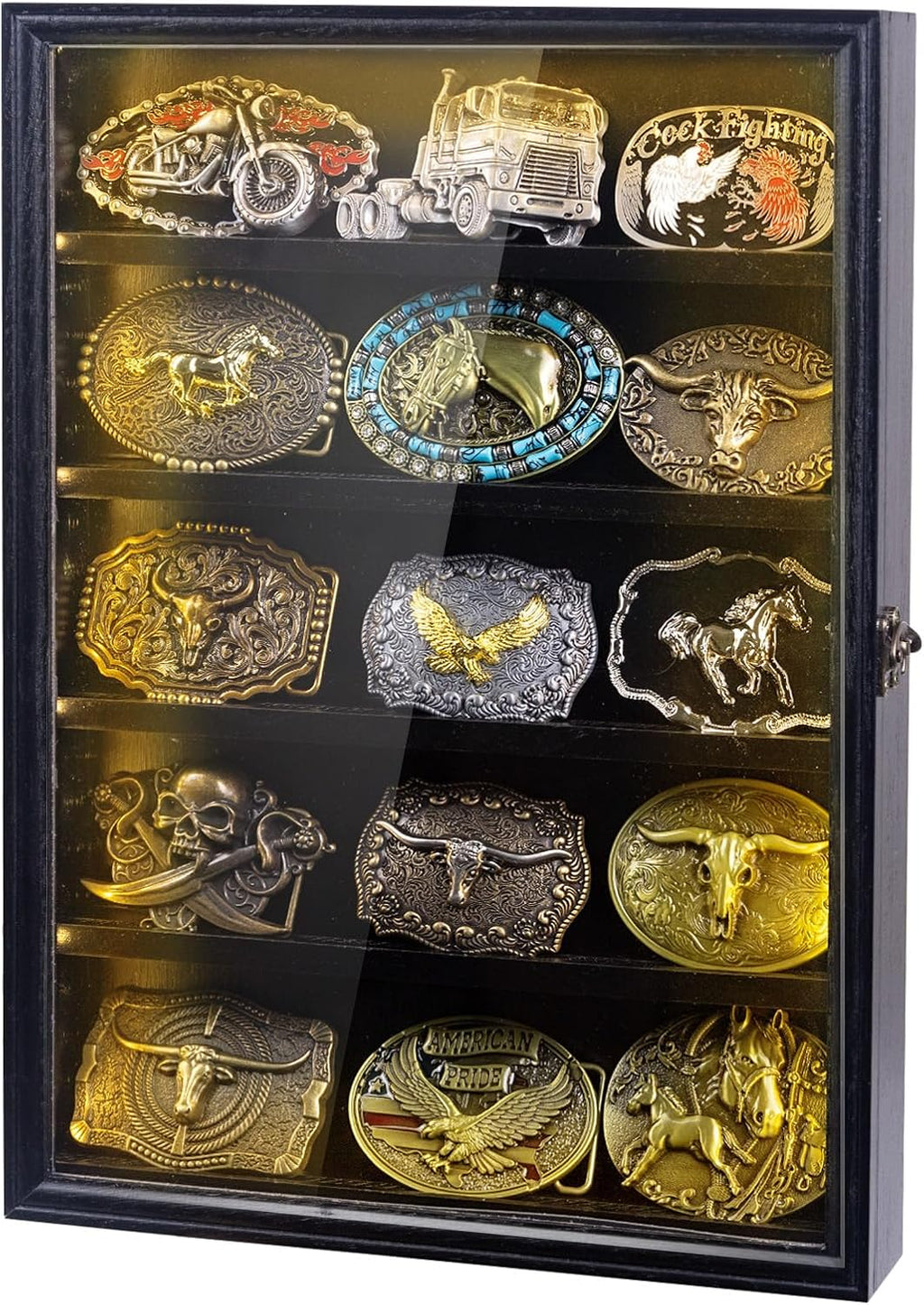 Belt Buckle Display Case, 5 Belt Buckle Holders Included, 17x12 Black Shadow Box with LED Light, Wall-Mounted Men's Belt Clip Storage Box, Lockable