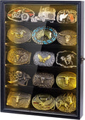 Belt Buckle Display Case, 5 Belt Buckle Holders Included, 17x12 Black Shadow Box with LED Light, Wall-Mounted Men's Belt Clip Storage Box, Lockable