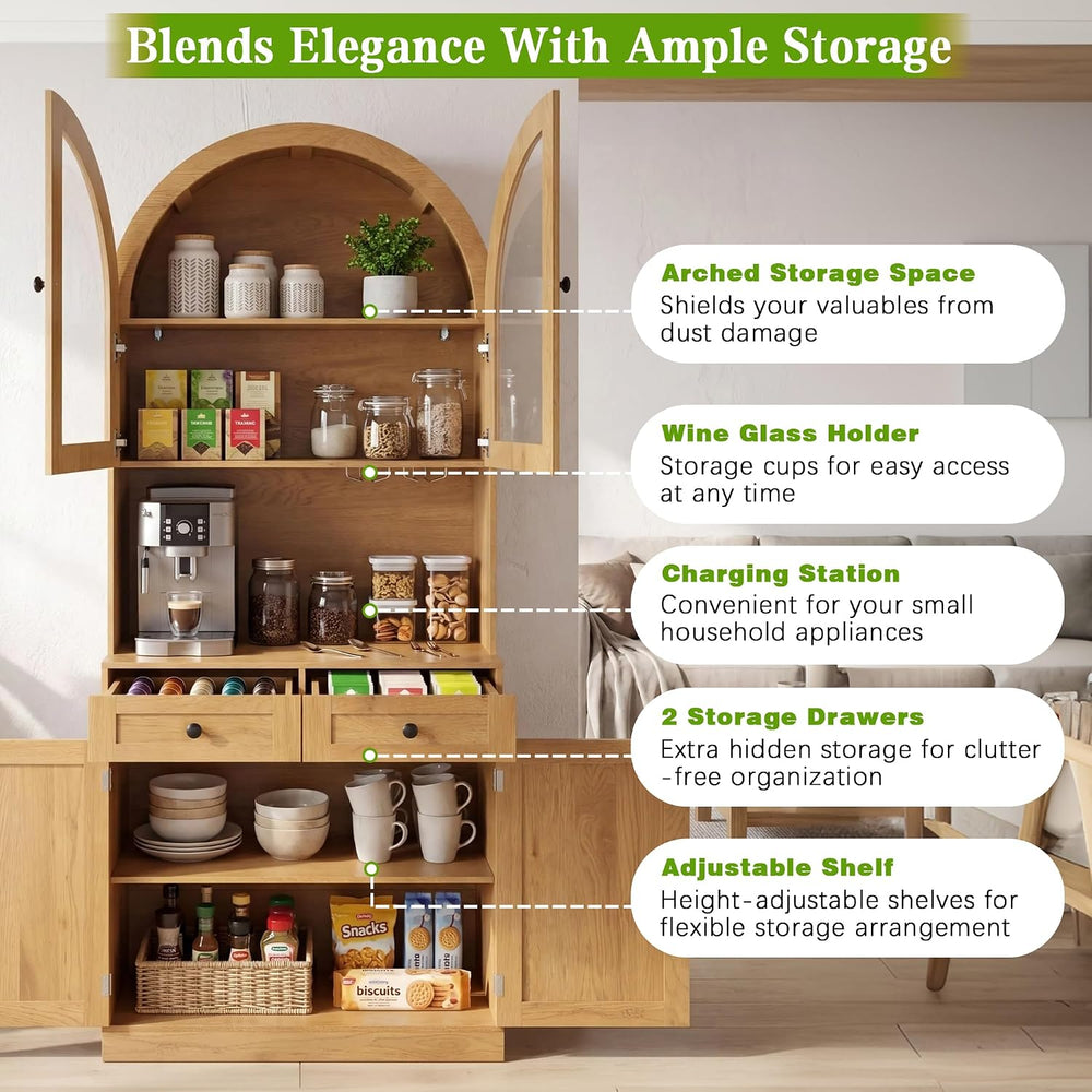 KEIKI 75 Inch Farmhouse Pantry Cabinet with Charging Station, Tall Arched Cof...