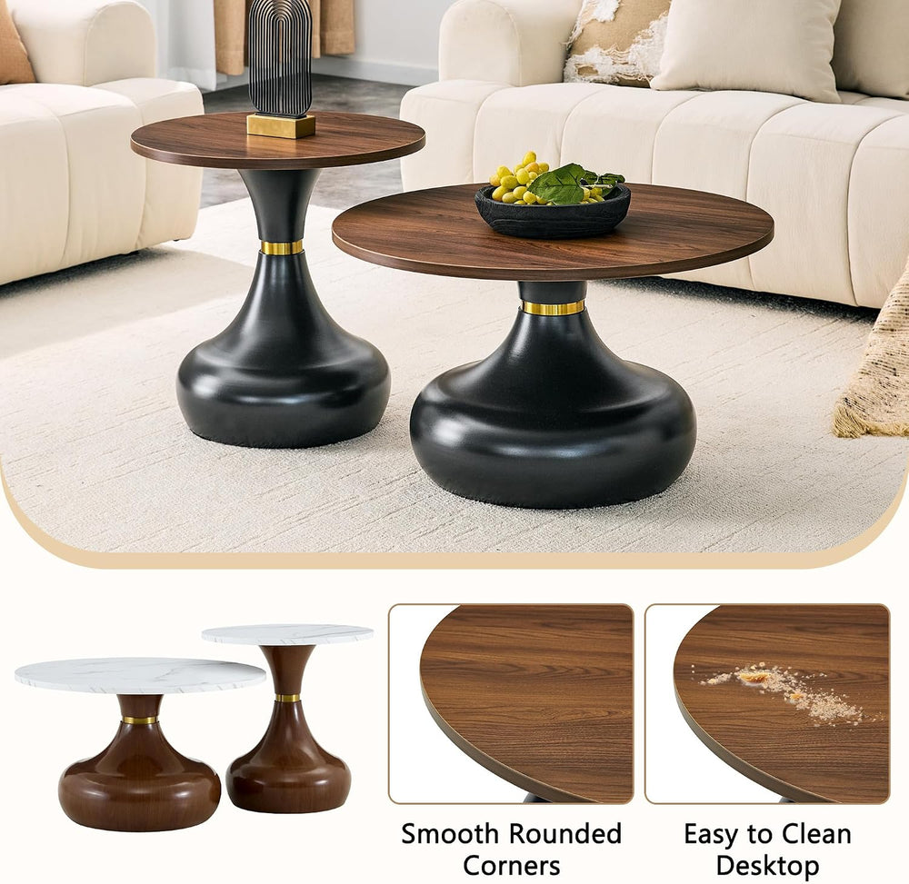 2-Piece Nesting Coffee Table Set, Walnut Wood Grain, Gold Metal Base | Nestin...