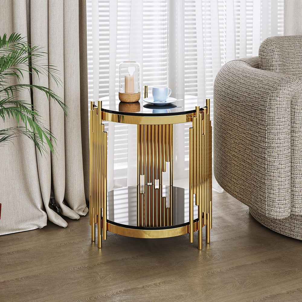 17.72" Round Sofa Side Table, 2-Tier Black Tempered Glass End Table with...