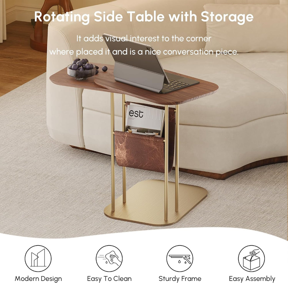 LOVEDIMA C-Shaped Walnut & Gold Rotating Side Table with Storage - 360° S...