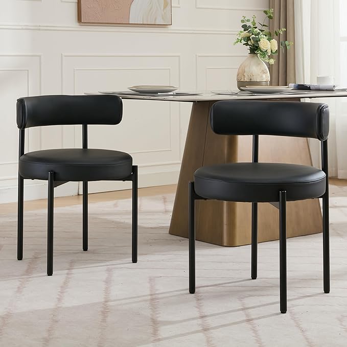 Faux Leather Dining Chairs Set of 4, Upholstered Kitchen and Dining Room Chairs, Mid-Century Modern Dining Chairs with Round Back and Black Metal Legs, Vegan Leather, Black