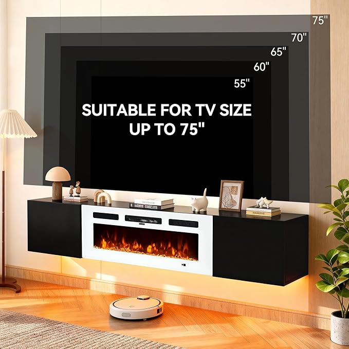 MXV 70'' Floating TV Stand, Modern Media Entertainment Center with 36" Electric Fireplace, TV Console Cabinet Wall Mounted, Adjustable 12-Color LED Lights, for Living Room, Black + White