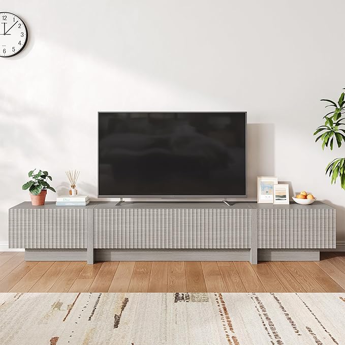 98" TV Stand for Living Room, Modern Entertainment Center with Drawers & Storage Compartments, Large TV Console Fits 55”-95” TVs, Square Top with Grooved Drawer Fronts & Stable Base,Grey