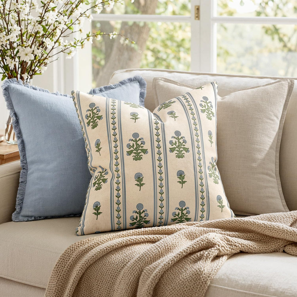 Striped Floral Throw Pillow Covers 18x18 Inch Set of 2 Blue Green