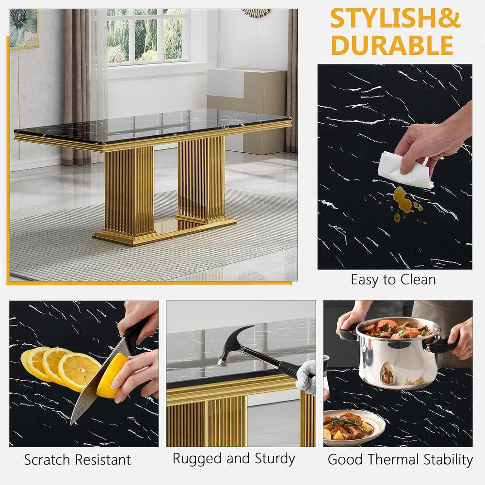 Black Marble Dining Table Set for 6,68 inch Black Marble Table with Golden Do...