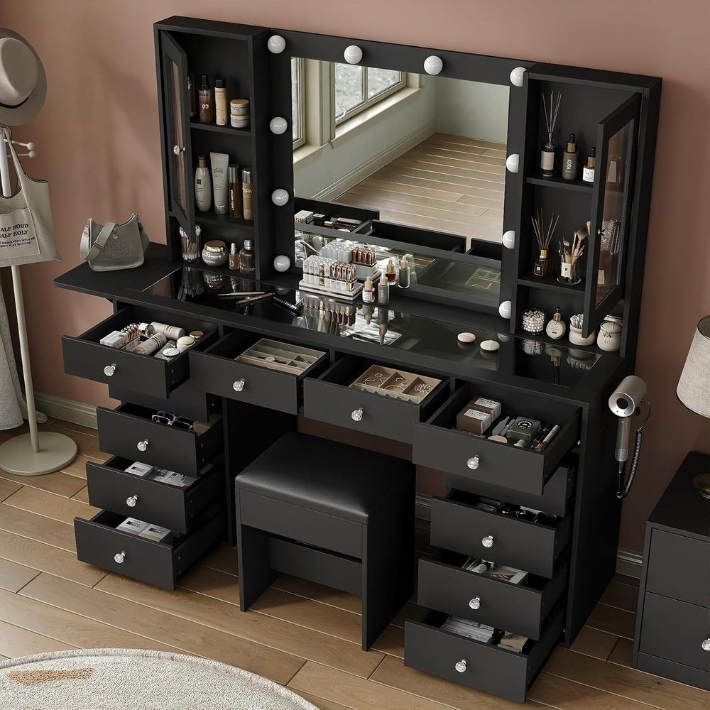Yanosaku 55''W Makeup Vanity Desk with Mirror and Lights, 12 Drawers,...