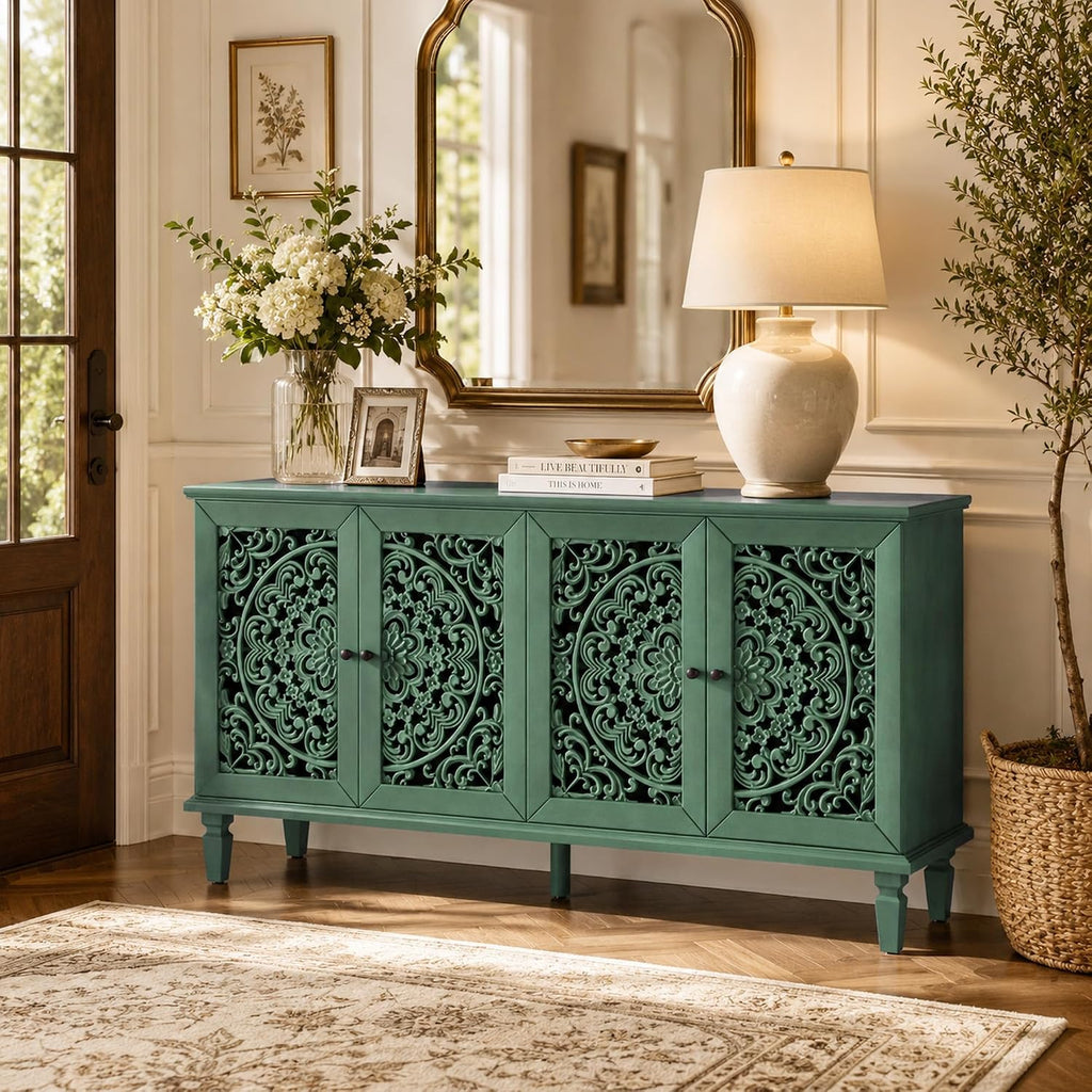 Green Sideboard Cabinet with Carved Doors, Green Buffet Cabinet, Vintage Cabinet with Storage Shelves, Farmhouse Storage Cabinet for Dining Room, Living Room & Entryway