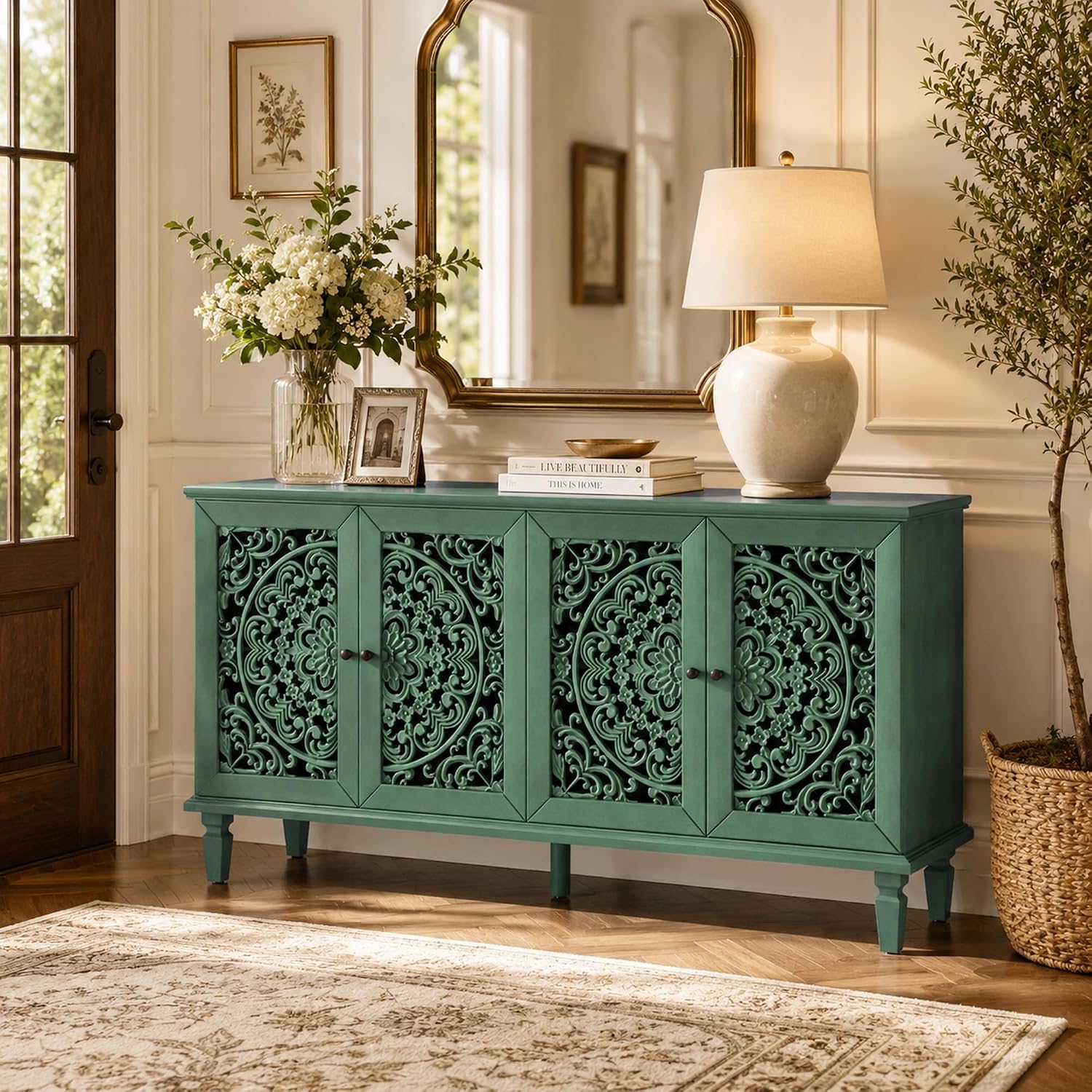Green Sideboard Cabinet with Carved Doors, Green Buffet Cabinet, Vintage Cabinet with Storage Shelves, Farmhouse Storage Cabinet for Dining Room, Living Room & Entryway