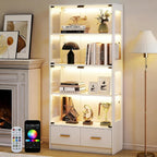 Lamtor 67-inch Glass Display Cabinet – Curio Cabinet with RGB LED Lights, 2 Drawers & Anti-Tip Design for Collectibles, Figures, Living Room | White