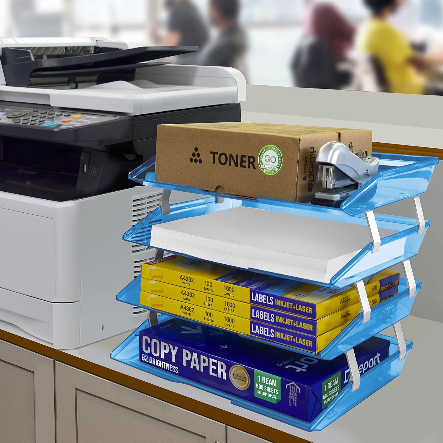 Acrimet Facility 4 Tier Letter Tray Side Load Plastic Desktop File Organizer (Clear Blue Color)