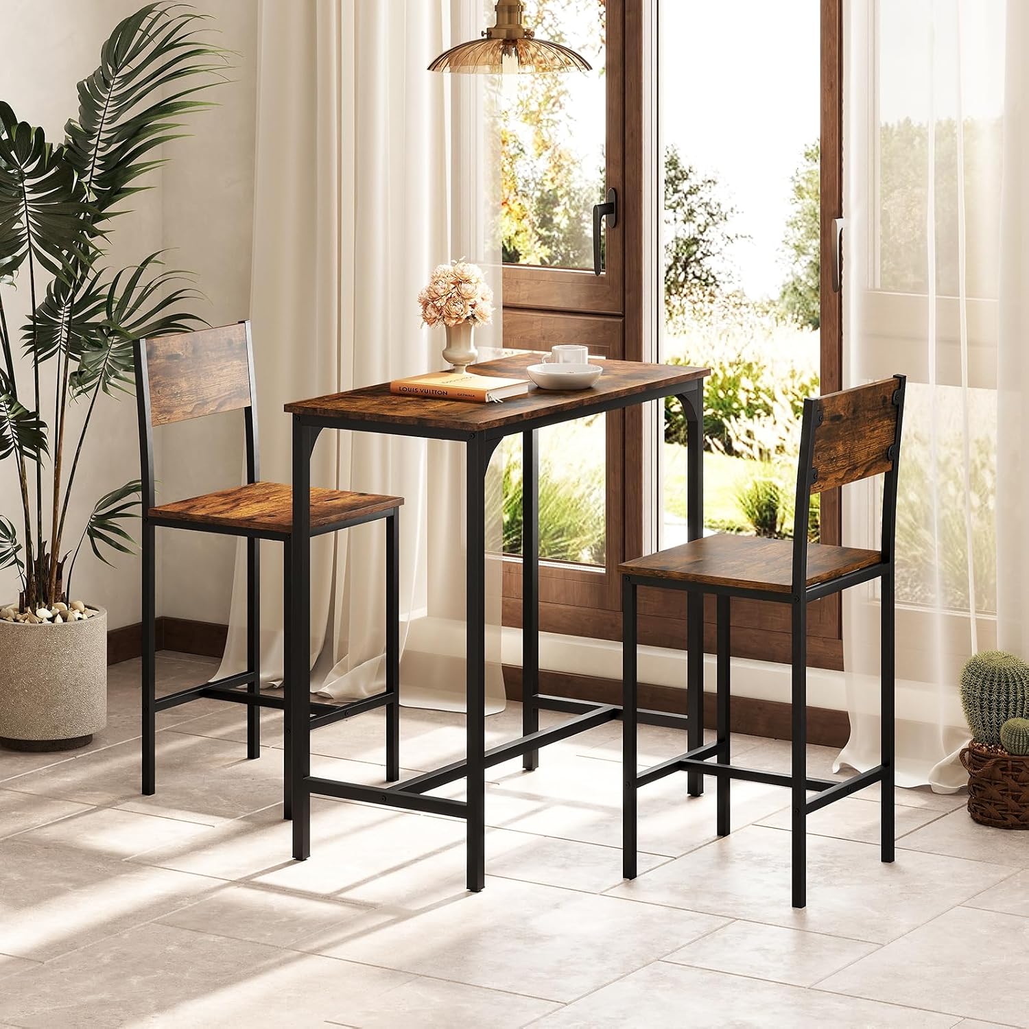 Tangkula 3 Piece Counter Height Bar Table Set, Pub Table and Chairs Set of 2, High Top Console Table with Stools for 2, Space-Saving Dinette Set for Breakfast Nook (Rustic Brown)