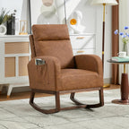GarveeHome Leather Glider Chair, Modern Rocking Chair, Nursery Faux Leather Glider Chair with Rubber Wood Legs and Side Pocket, Rocking Accent Armchair for Living Room, Bedroom, Brown
