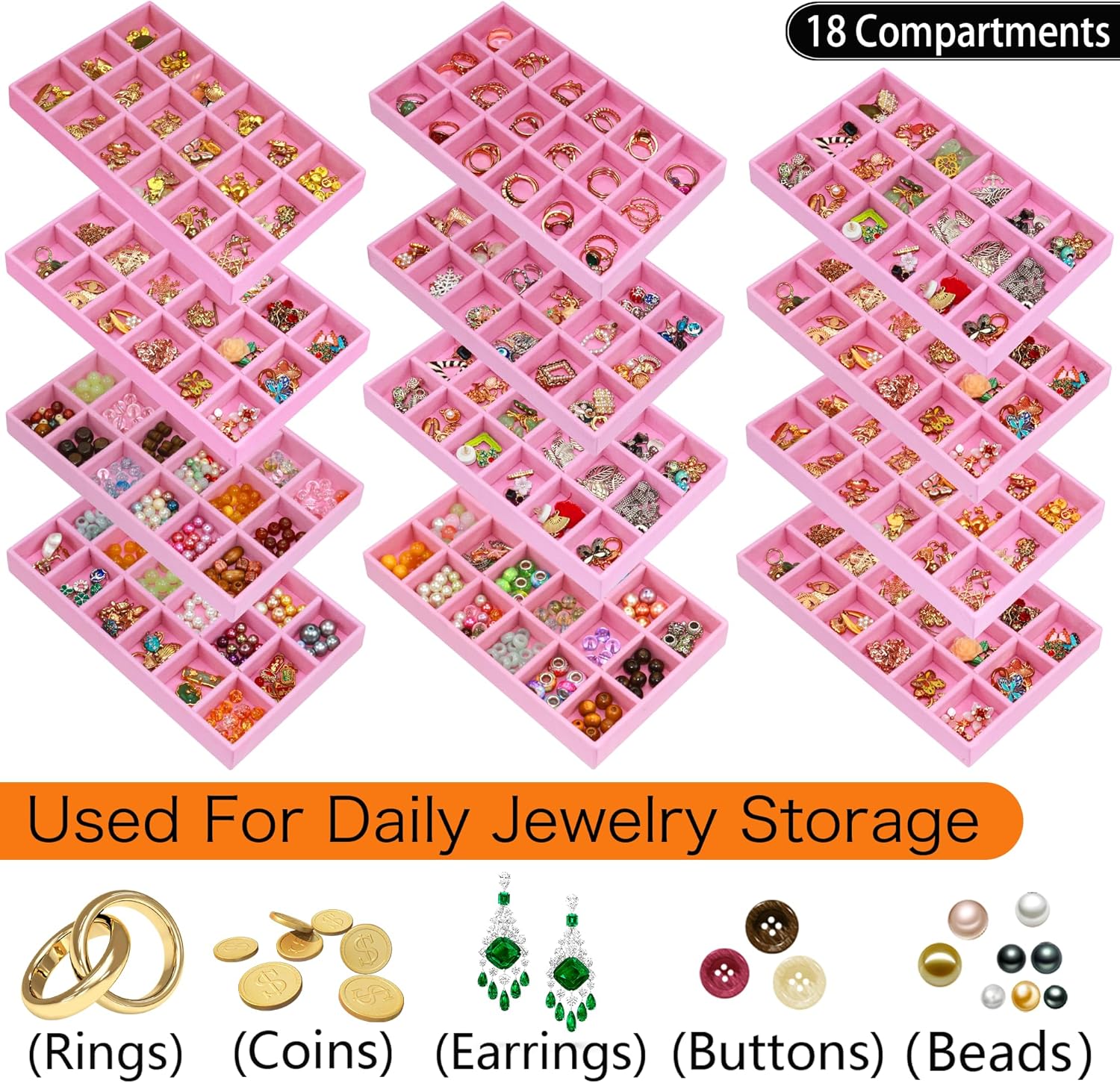 12 Pack Earring Organizer Stackable Jewelry Drawer Tray Removable Jewelry Display Tray Organizer for Necklace Earring Drawer Insert 216 Grids