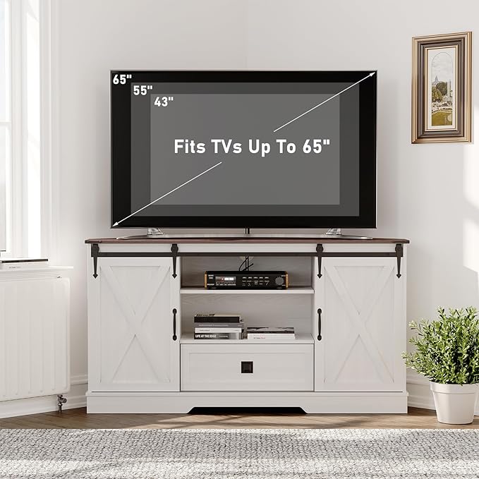 Corner TV Stand for 65 inch TV, 58" Hexagon Entertainment Center with Sliding Barn Doors and Adjustable Shelves, Farmhouse Media Console with Drawer & Cable Management for Living Room, White