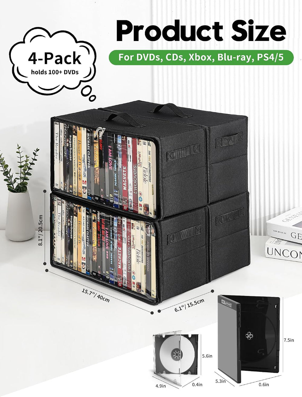 4-Pack DVD Storage Box, Stackable DVD Case Holder Organizer with Front Zipper...