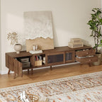 Marzzi Mid-Century Modern TV Stand for 85 inches TV, 76" Media Console with Fluted Cabinet Door, Sliding Glass Doors, and 2 Drawers, Entertainment Center with Storage, Solid Wood Legs
