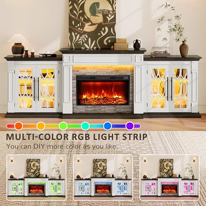Naice 104" Fireplace TV Stand, Electric Fireplace Mantel with Large Cabinets Tempered Glass Doors, LED Light & Power Outlet, Media Entertainment Center with 30" Insert Heater for Living Room, Brown