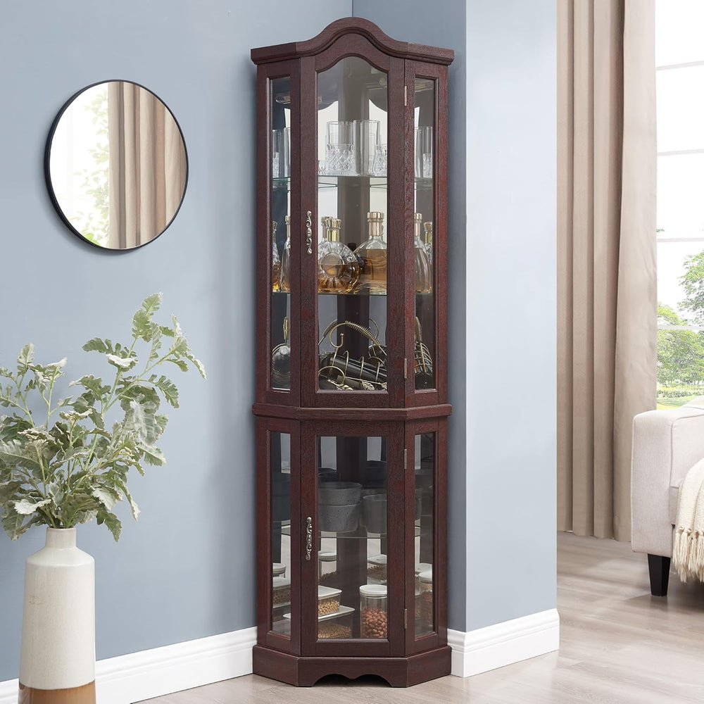 70" Lighted Corner Curio Cabinet,Inside Mirror Corner Glass Display Case...