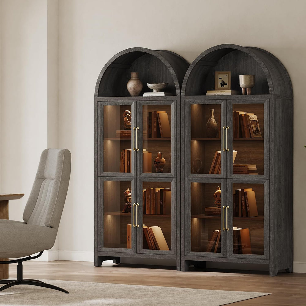 SICOTAS 74" Arched Display Cabinet with Glass Doors Set of 2, Dark Grey Oak