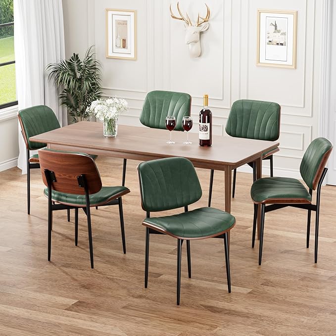 Dining Chairs Set of 8, Mid-Century Modern Upholstered PU Leather Chairs with Walnut Bentwood Back and Metal Legs Adjustable Feet for Kitchen Dining Room, Dark Green Shell Strips
