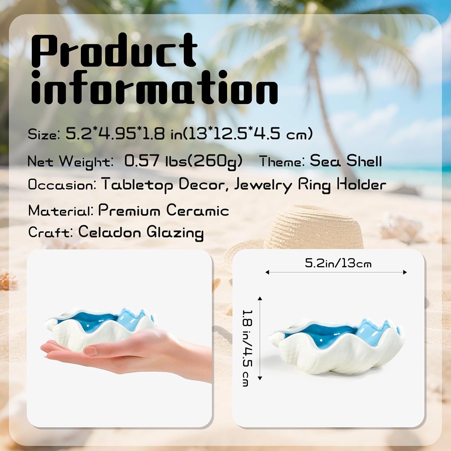 Seashell Ceramic Jewelry Trinket Tray, Blue White Decorative Ring Holder Dish for Rings Earrings Necklaces, Women’s Birthday Gift, Mother’s Day Present
