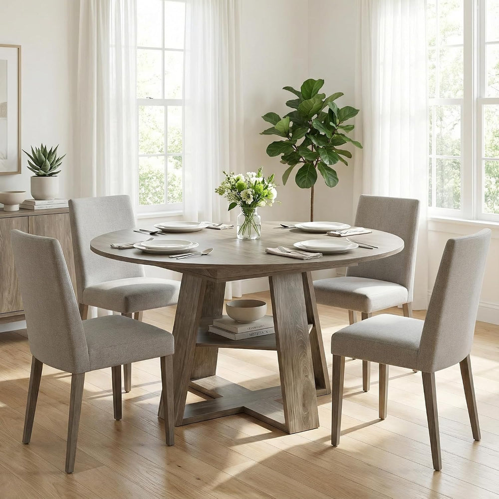 43.3"-59" Round Extendable Dining Table for 4-6 Industrial Grey Woo...